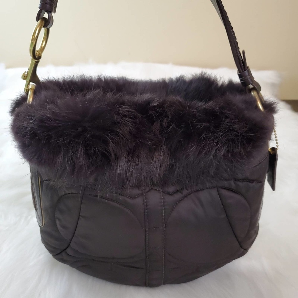 Coach Limited Edition Brown Rabbit Fur Signature Hobo - Picture 1 of 10